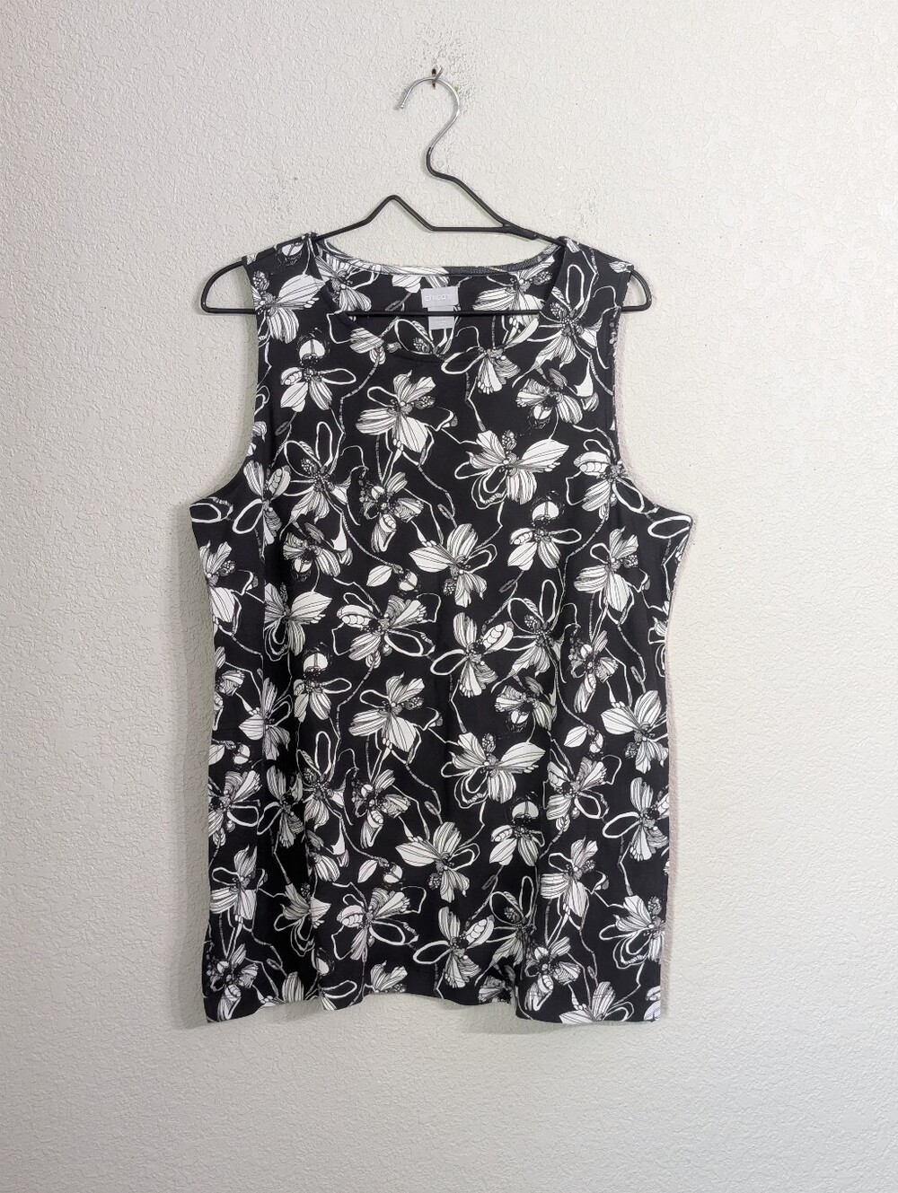 Chico's Pima Cotton Black White Floral Tank Top Size 3 (XL) Sleeveless Casual
